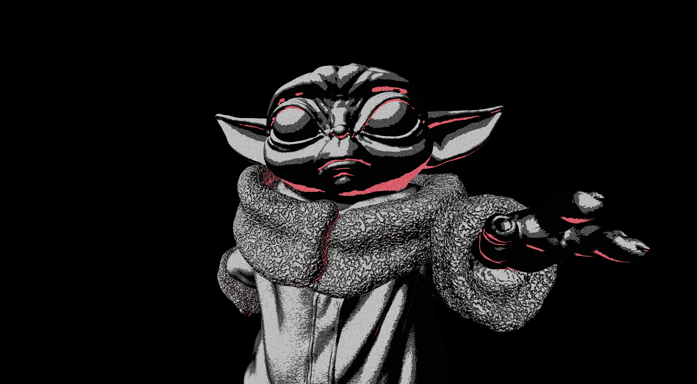 Baby Yoda model with noir shader and aliasing